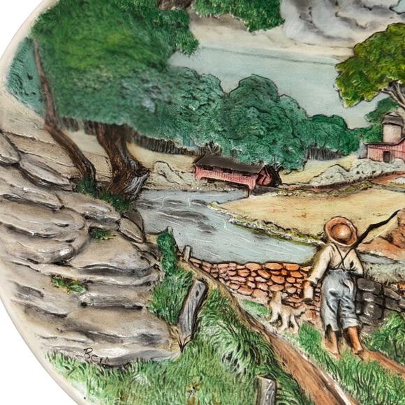 Vintage Duncan Ceramics Plate – Spring Blossoms Farm Scene 14” Wall Plaque - Picture 5 of 6